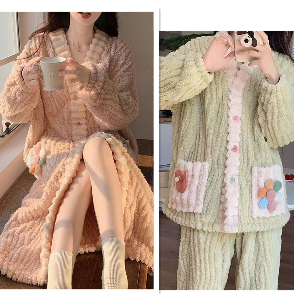 autumn and winter rainbow nightgown cardigan pajamas suit home wear women‘s coral fleece thickened warm confinement clothing two-piece set