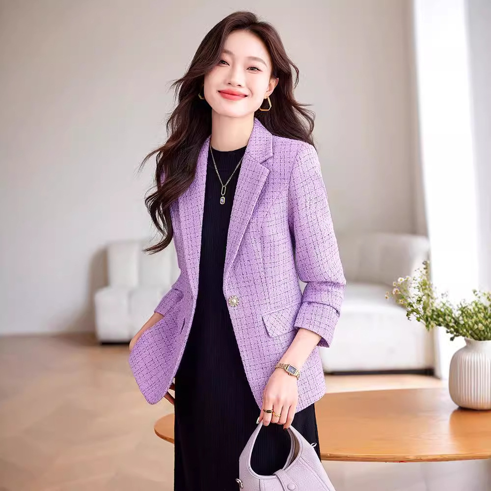 紫色格纹高级感炸街小西装外套女士春秋季一粒扣气质休闲西服上衣