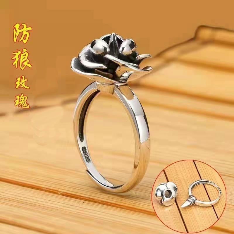 Live Popular Vintage Silver Dark Rose Anti-Wolf Ring Women's Anti-Body Adjustable Index Finger Ring with a Twist