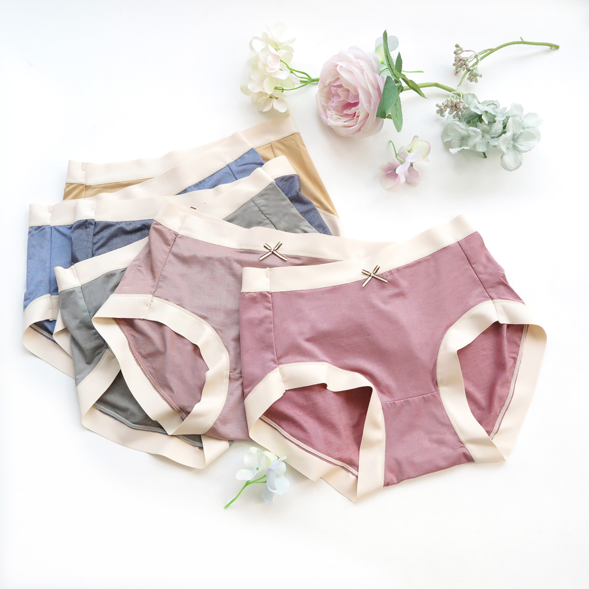 日系小清新撞色丝光弹力透气中腰女三角内裤 柔软轻薄舒适内裤女
