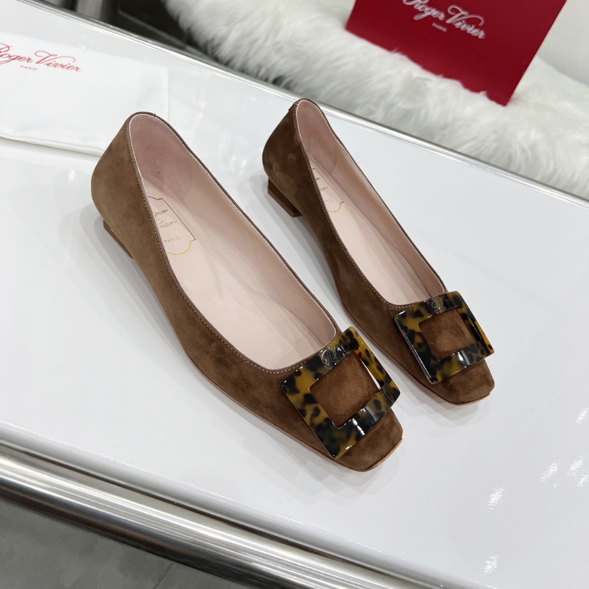 rv2024春夏季方扣玳瑁粗跟鞋通勤气质真皮方头浅口气质百搭单鞋女