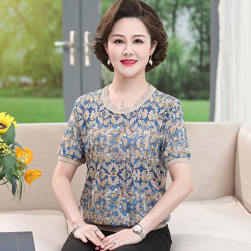 高档妈妈夏装冰丝短袖上衣中老年女夏季50岁圆领衫女洋气遮肚t恤