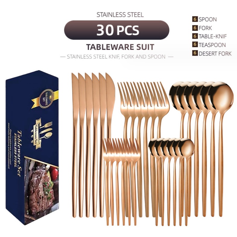 Stainless Steel Knife and Forks 30-Piece Set Portuguese Tableware Golden Set Creative Western Food Steak Knife, Fork and Spoon