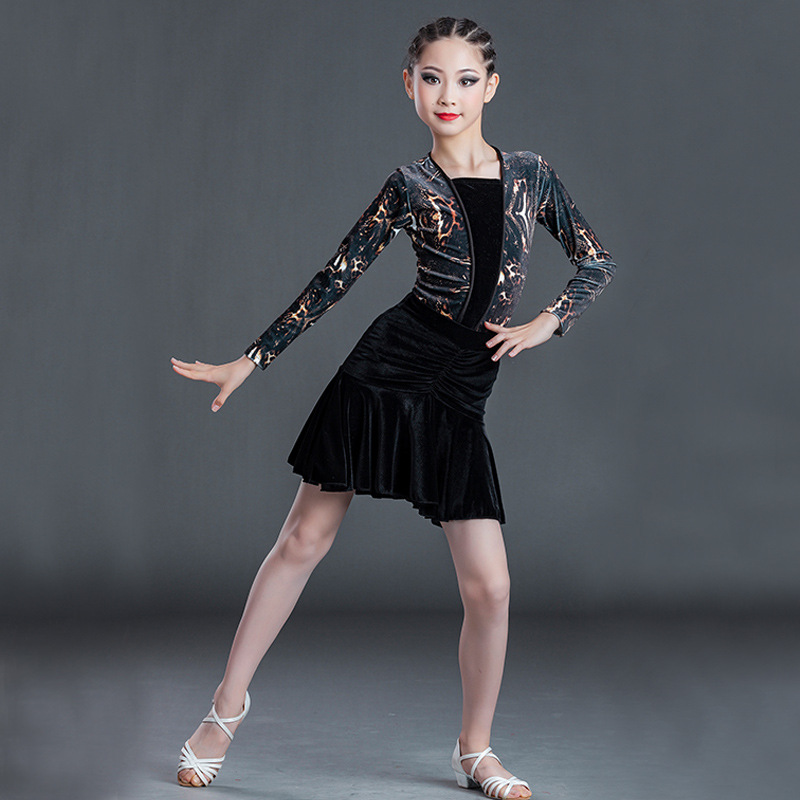 拉丁舞服女儿童秋冬长袖豹纹专业考级比赛少儿拉丁舞儿童舞蹈服