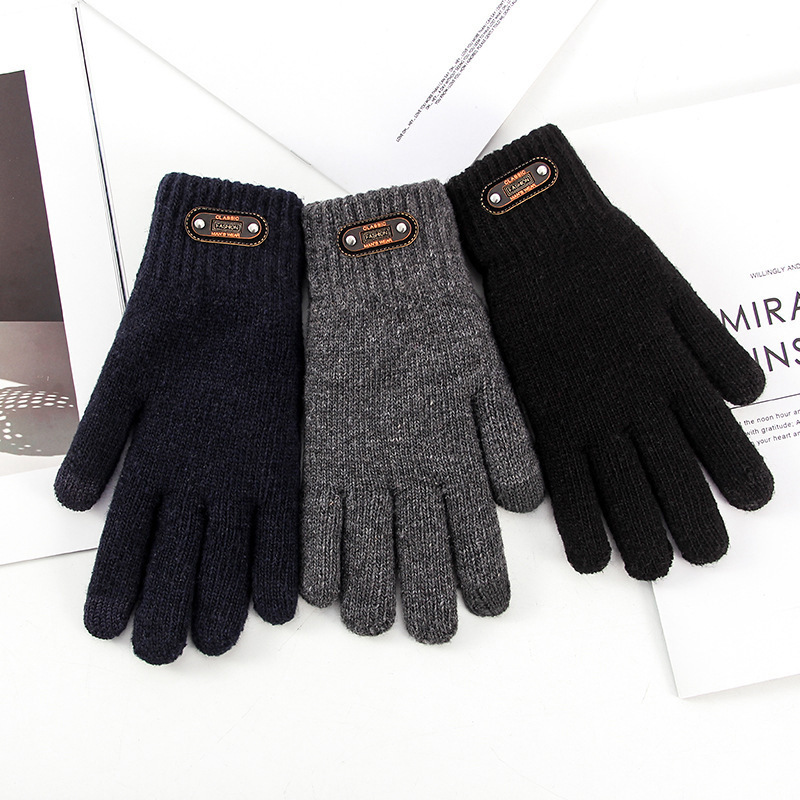 Touch Screen Men's Cold-Proof Gloves Winter Knitting Fleece Lined Padded Warm Keeping plus-Sized Five Finger Cycling Cycling Students Wholesale