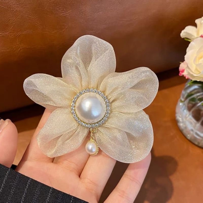Korean Dongdaemun Organza Classic Style Flower Pearl Hair Band Western Style Hair Accessories Tie up a Bun Hairstyle Rubber Band Ornament for Women