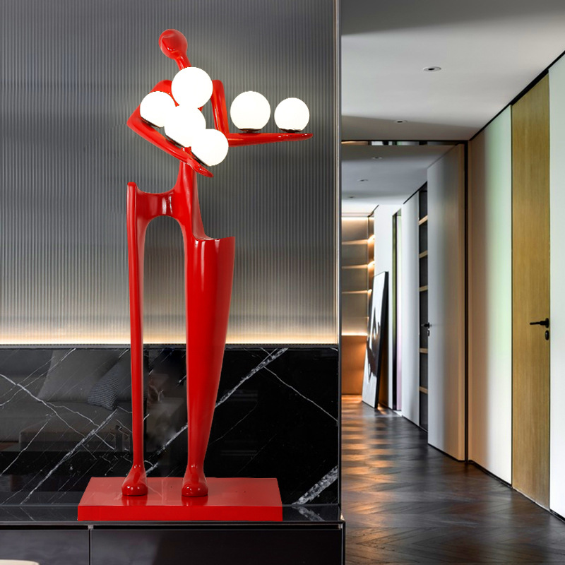 Welcome Figure Sculpture with Light Creative Exhibition Hall Art Hotel Lobby Club FRP Humanoid Floor Lamp Decoration