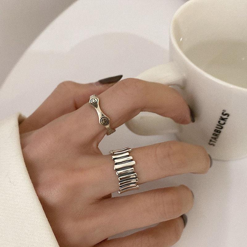 South Korea Retro Smiley Wave Fence Ring Female 925 Silver European and American Minority Simple Open Student Forefinger Ring Fashion