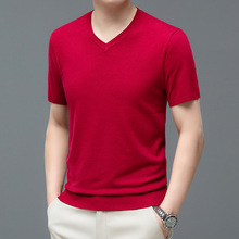 夏季冰丝透气短袖男毛衣 红色本命年宽松大码针织衫V领半袖男体恤