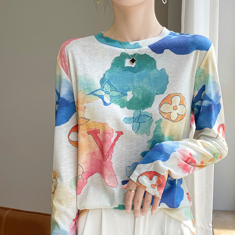 2025年春夏新款天丝圆领针织衫短袖T恤女印花宽松气质百搭上衣打