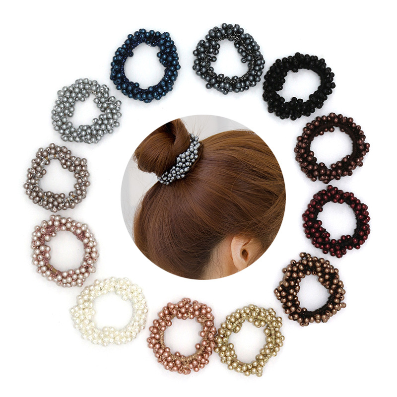 Korean Handmade Full Circle Woven Rubber Band Hair Rope Pearl Hair Ring Crystal Hair Accessories Women's Beaded Hairtie Headdress Wholesale