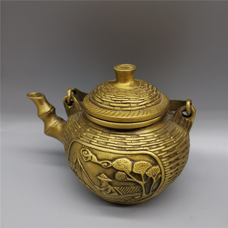 批发黄铜酒壶茶壶 姜太公钓鱼 铜茶壶 仿古做旧铜器摆件