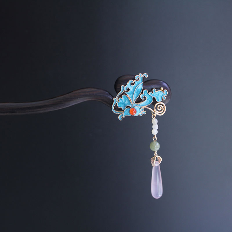 古典中国风烧蓝发簪高级感黑檀木日常盘发旗袍头饰古风蝴蝶簪子