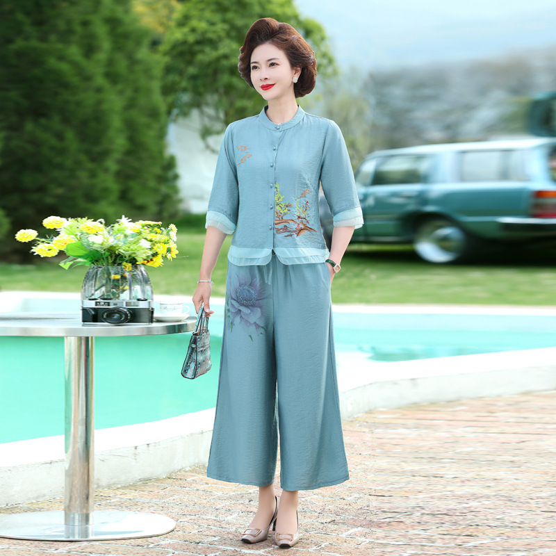 Summer New Cotton and Linen Embroidered Shirt Wide Leg Pants Two-Piece Set Female Middle-Aged Mother Western Style Youthful-Looking Ethnic Style Suit