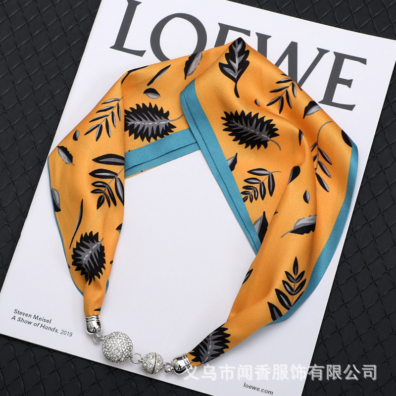 Korean Style Fashionable Elegant Magnetic Suction Clasp Necklace Silk Scarf Decoration Hair Band Ribbon Rhinestone Magnetic Snap Celebrity Same Scarf