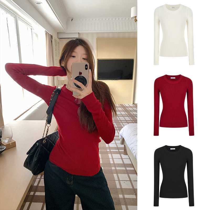 实拍-过年红毛针织上衣秋季女装正肩显瘦内搭打底衫女上衣
