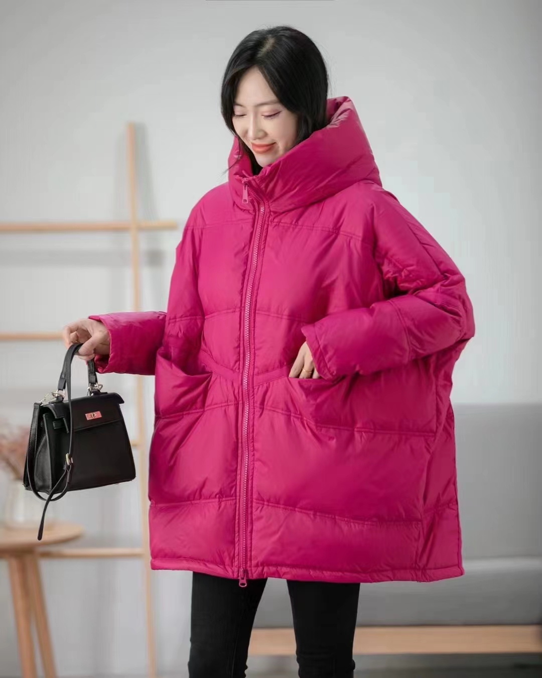 韩版宽松连帽中长款羽绒服女2023年新款休闲时尚纯色白鸭绒厚外套