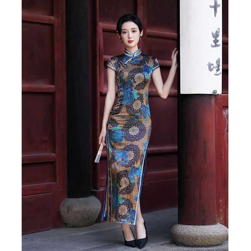复古民国真丝旗袍夏女桑蚕丝长款2023新款中式改良国风高端走秀裙