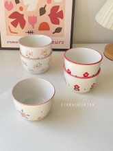 批发见物如面 小清新花朵米饭碗粉色红色花朵家用可爱吃饭陶瓷碗