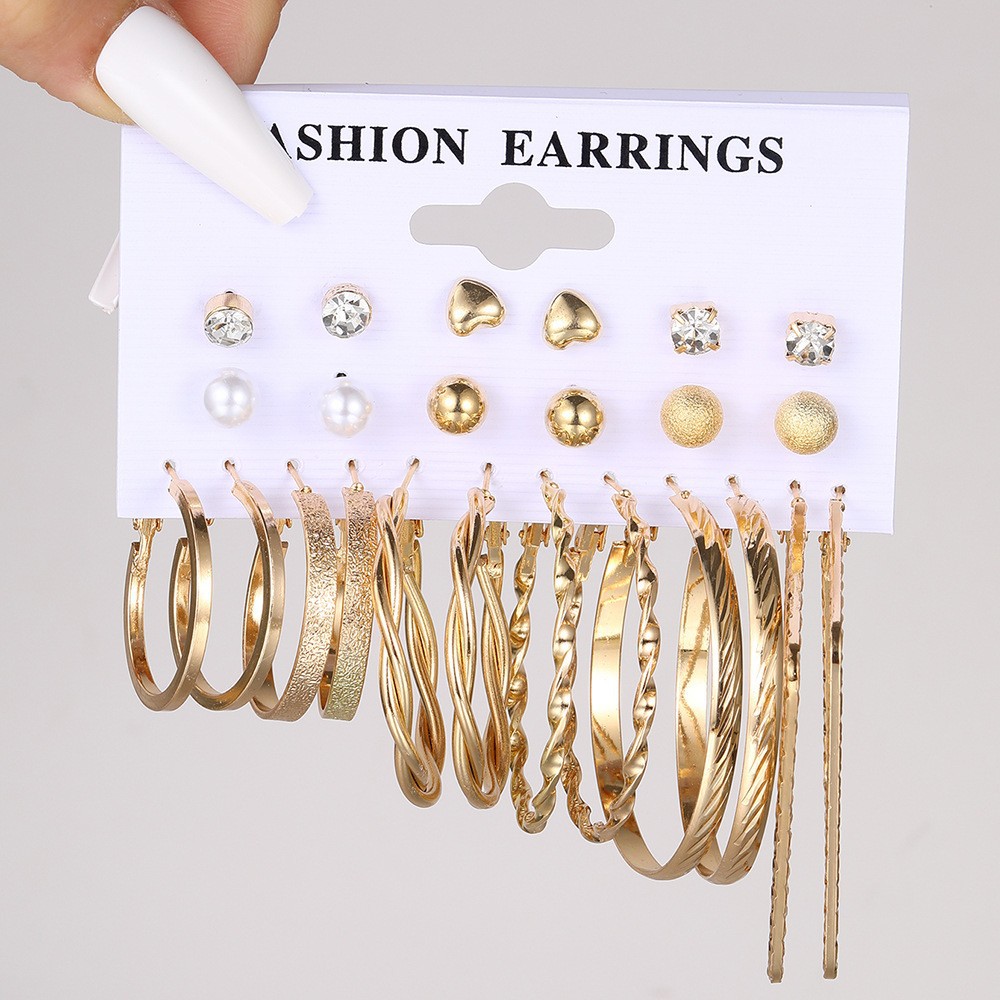 Foreign Trade Europe and America Cross Border Ornament Female Personality Ins Love Pearl Tassel Earrings Nine Pairs Set Earring Set