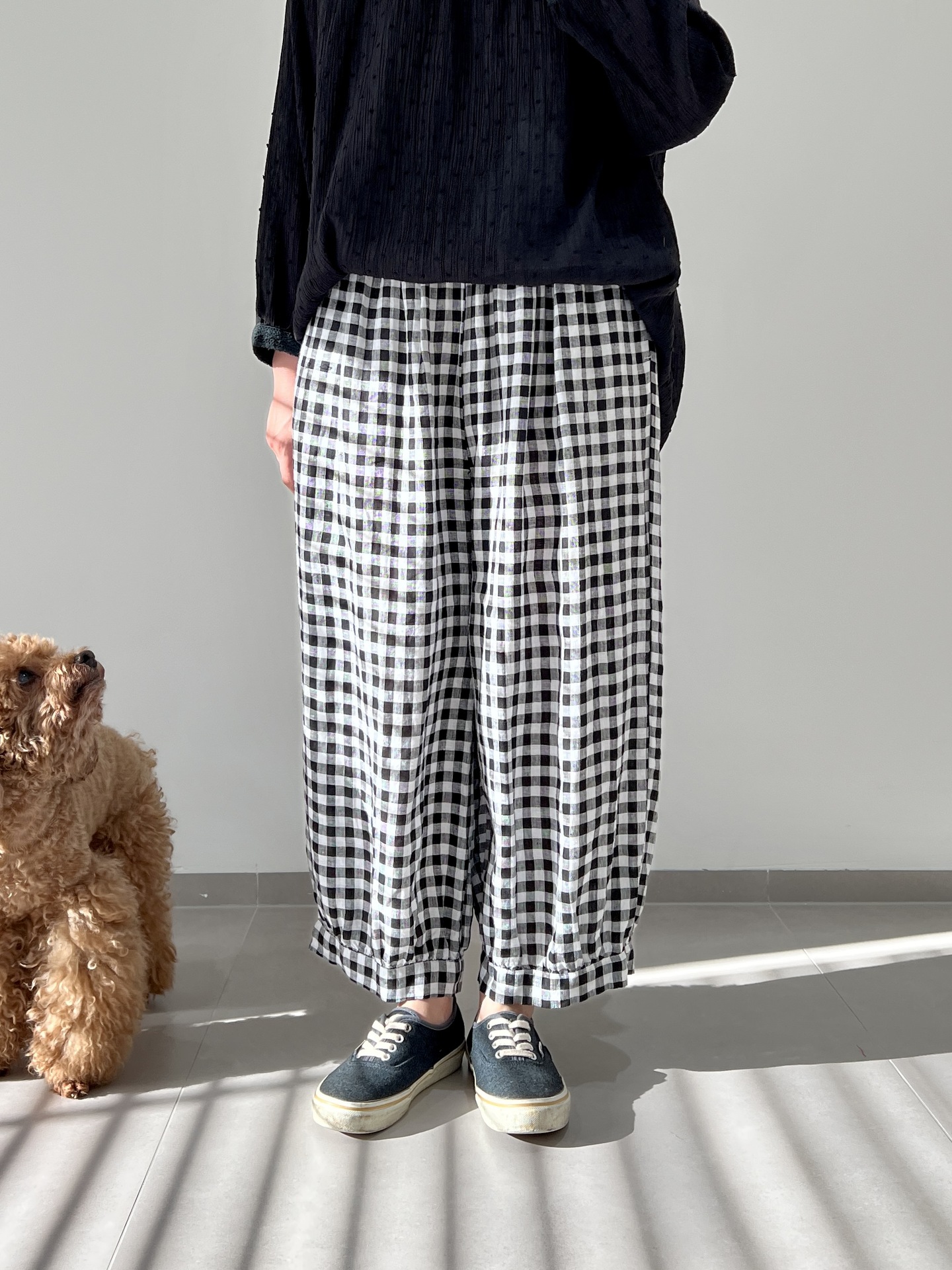 日本潮牌 色织格子亚麻灯笼裤 2色-阿里巴巴