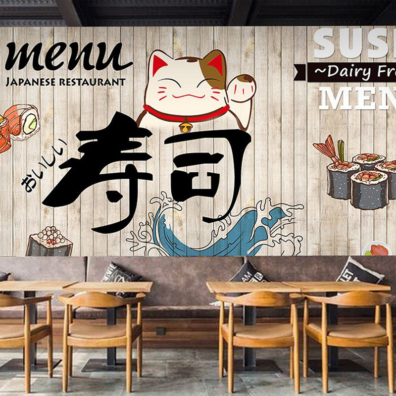3d个性壁画手绘卡通招财猫寿司店壁纸日式料理烤肉店餐厅日本墙纸