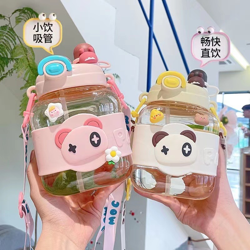 Summer Internet Celebrity Square Straw Plastic Cup Girl's Heart Sports Strap Kettle Large Capacity Double Drink Children's Water Cup