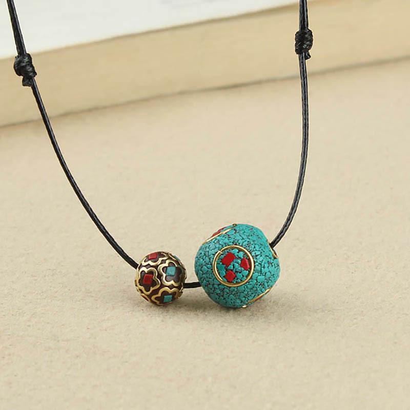 Vintage Handmade Nepal Beads Necklace Antique Clothing Accessories round Beads Sweater Chain Simple Pendant Women