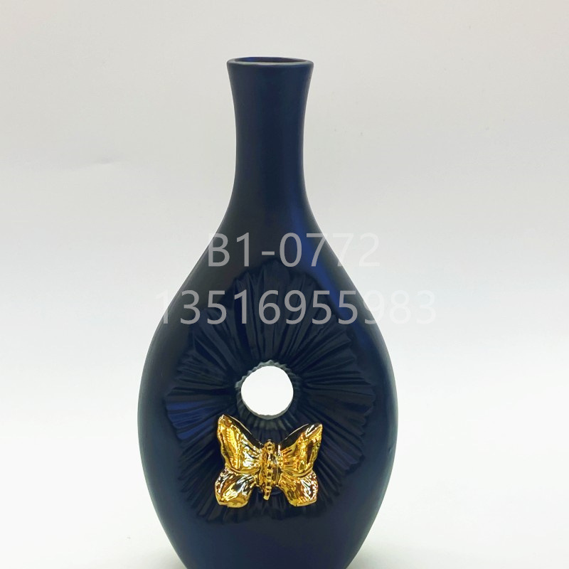 Modern Minimalist Ins Style Matte Black Golden Butterfly Leaf Pattern Vase Creative Ceramic Vase Geometric Flower Flower Container