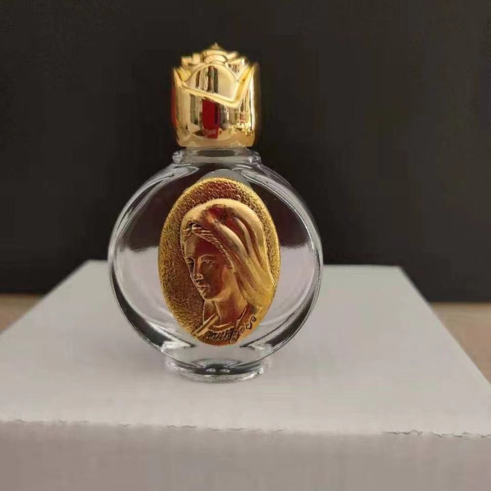 新款便携玫瑰花水晶玻璃合金浮雕圣像旅行专用圣水瓶天主教圣物