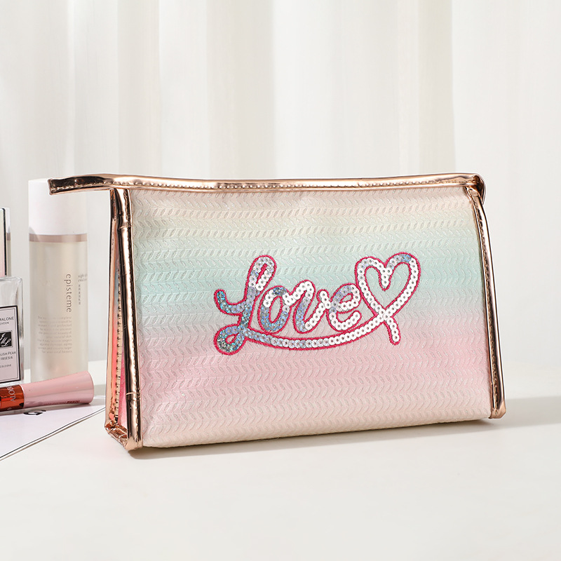 New Embroidery Sequined Love Cosmetic Bag Colorful Large-Capacity Cosmetics Storage Bag Portable out Zipper Bag