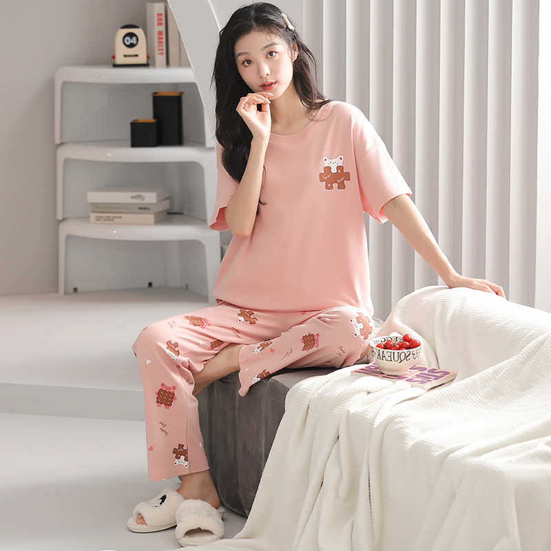 Women's Cotton Pajamas Spring/Summer New Cartoon Girls Can Wear outside plus Size round Neck Cotton Short-Sleeved Trousers Home Wear Summer