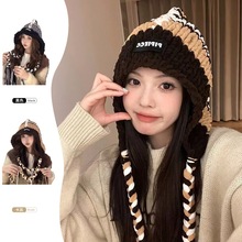 韩版时尚粗毛线拼色雷锋帽女秋冬季保暖护耳套头帽子显脸小针织帽