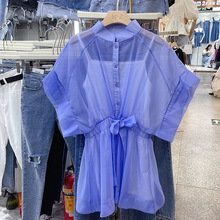 2022年韩版新款设计感立领微透轻薄雪纺蝙蝠袖连衣裙吊带两件套女
