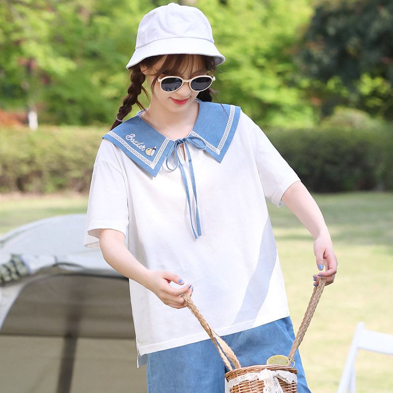 22256初中女生短袖t恤夏季少女大童中学生夏装娃娃领可爱休闲上衣