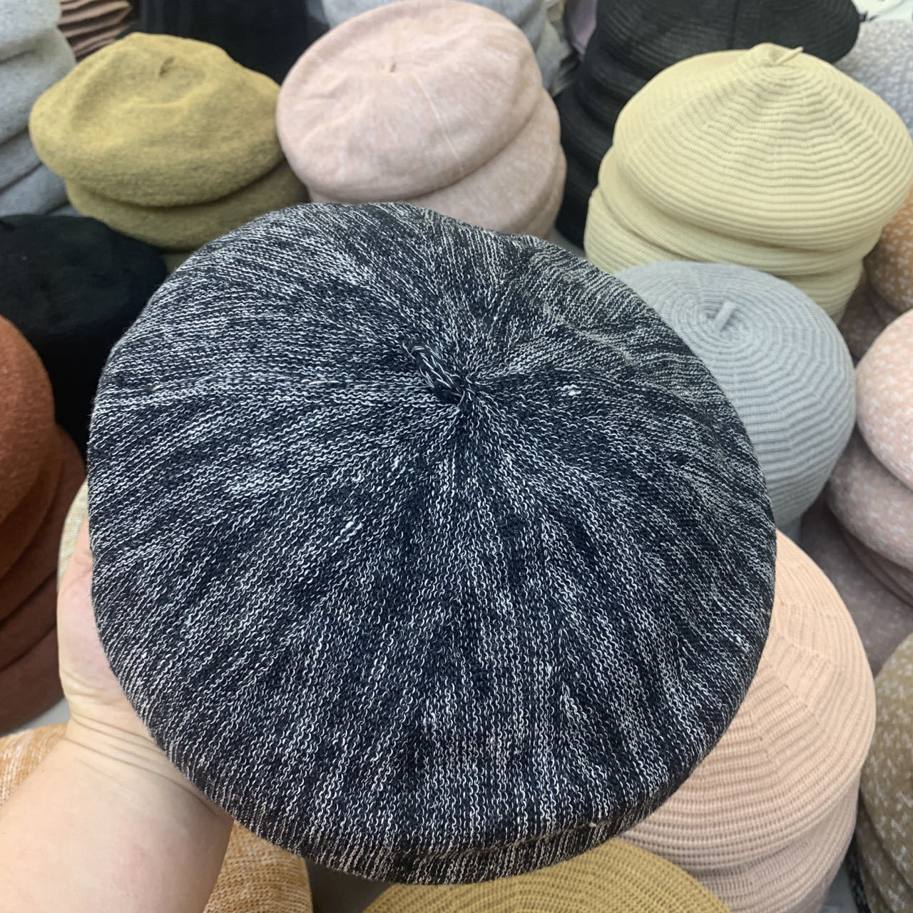 水墨混色亚麻贝雷帽子女春夏透气防晒针织帽小清新画家帽文艺空姐