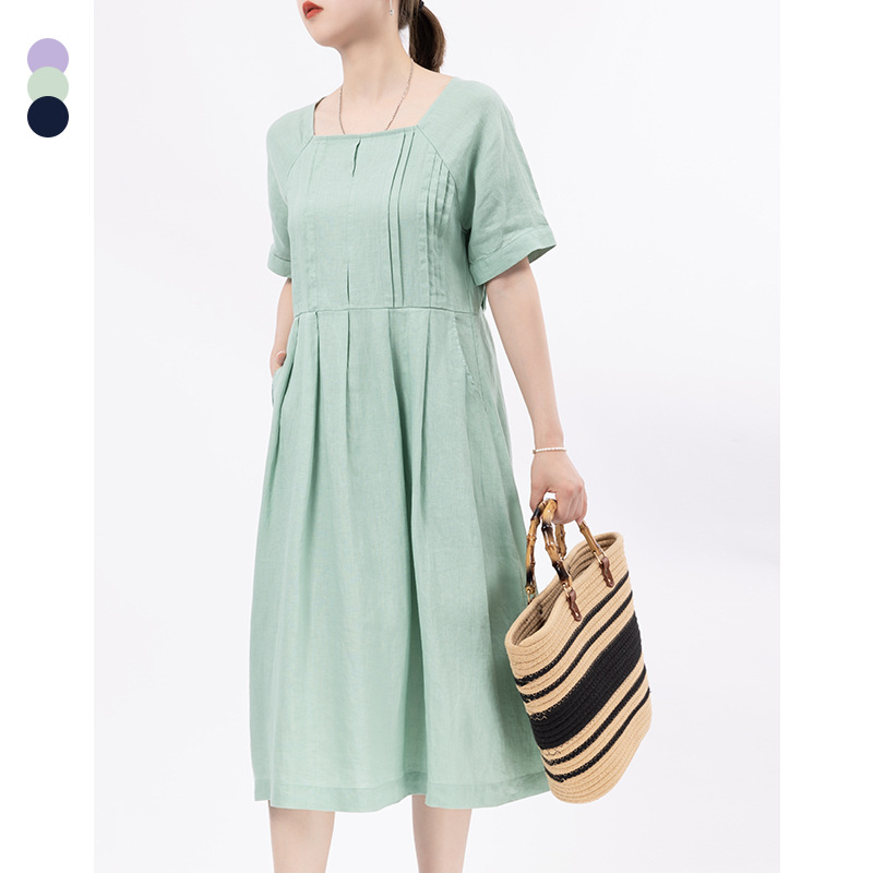 素町法式复古方领亚麻连衣裙女 重磅法国进口水洗亚麻中长款裙