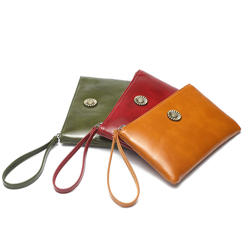 European and American Style Retro Oil Wax Skin Mobile Wallet Solid Color Women's Handbag
