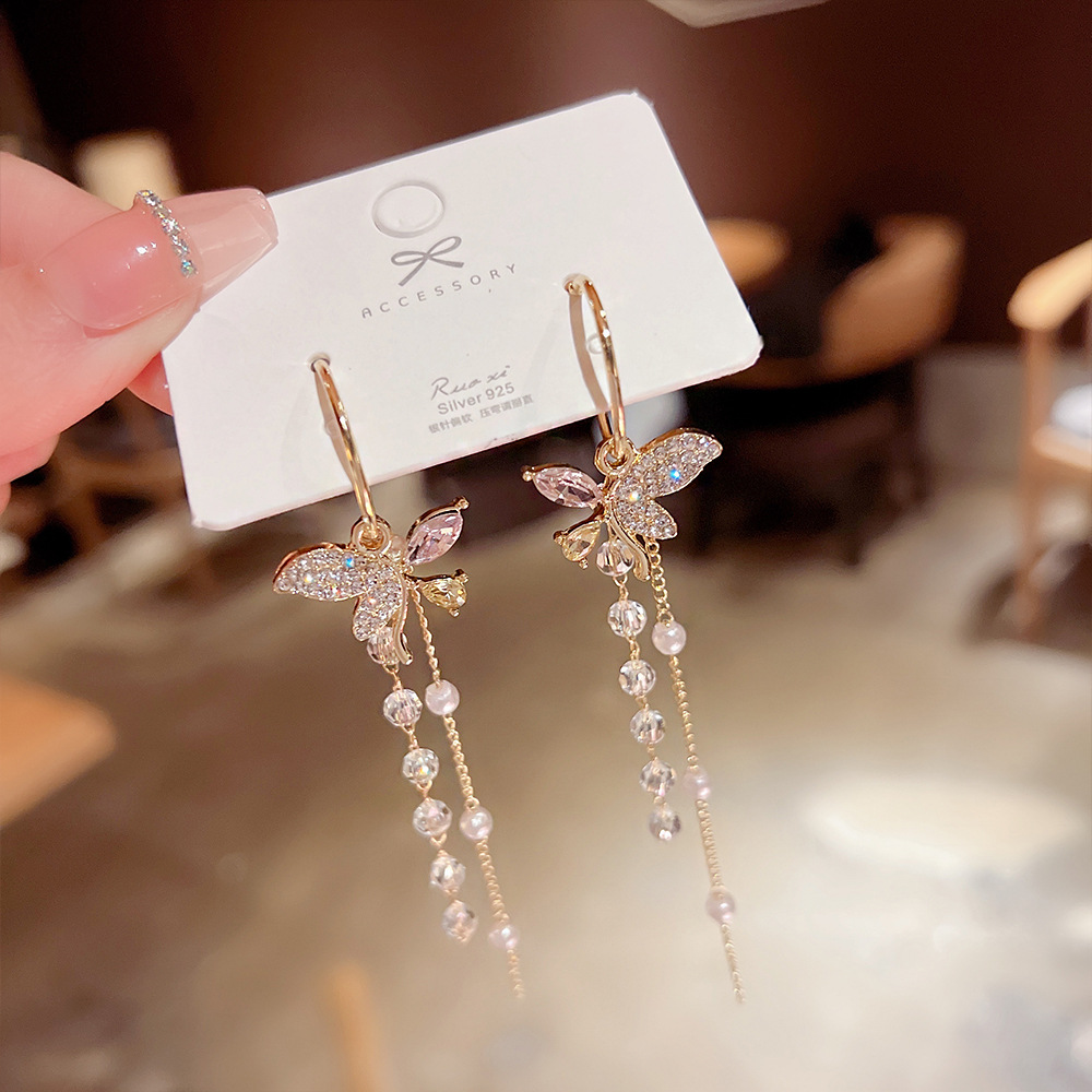 Sterling Silver Needle Butterfly Tassel Earrings Women Exaggerating Temperament Long Crystal Eardrops Fashion Trending Ear Rings Wholesale