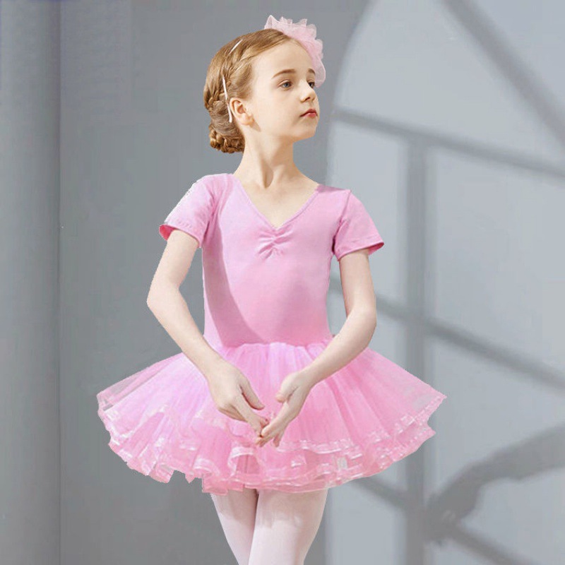 女童舞蹈服新款芭蕾舞练功服春夏长袖幼儿舞蹈裙粉色蓬蓬裙短袖