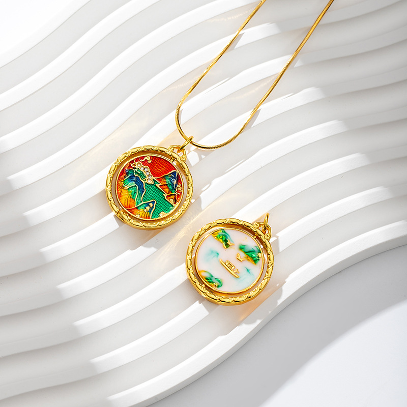 国潮旋转千里江山牌项链女中国风珐琅彩锁骨链越南沙金首饰品吊坠