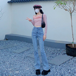 浅蓝色牛仔喇叭裤女2022春秋新款韩版高腰设计拼接感小众裤子ins,男孩