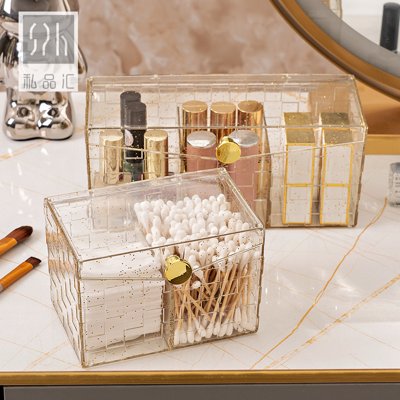 Manufacturers Directly Supply Transparent Cosmetics Storage Box Light Luxury Desktop Gold Powder Cotton Box High-End Lipstick Storage Storage Box