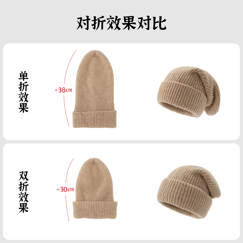 Hat Women's Autumn and Winter Warm Thick Knitted Woolen Cap Big Head Circumference Loose Face Small Solid Color Ins Pile Heap Cap Tide