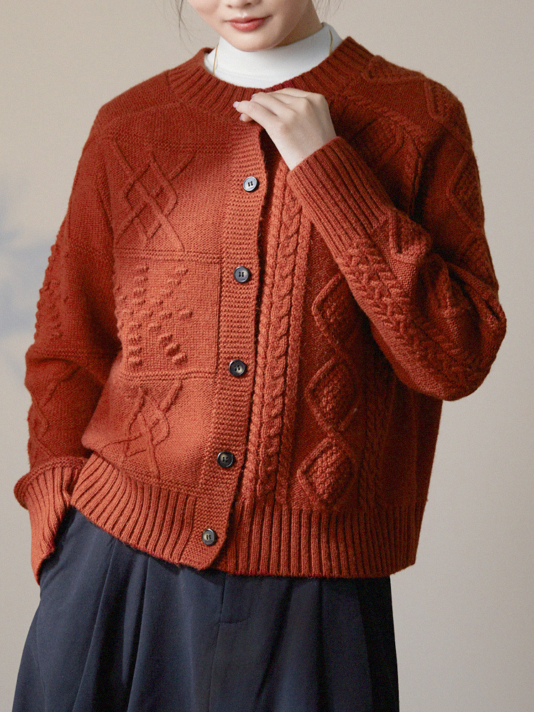 gjcp 全羊毛绞花加厚针织开衫 复古圆领毛衣 短款外套 女冬新款