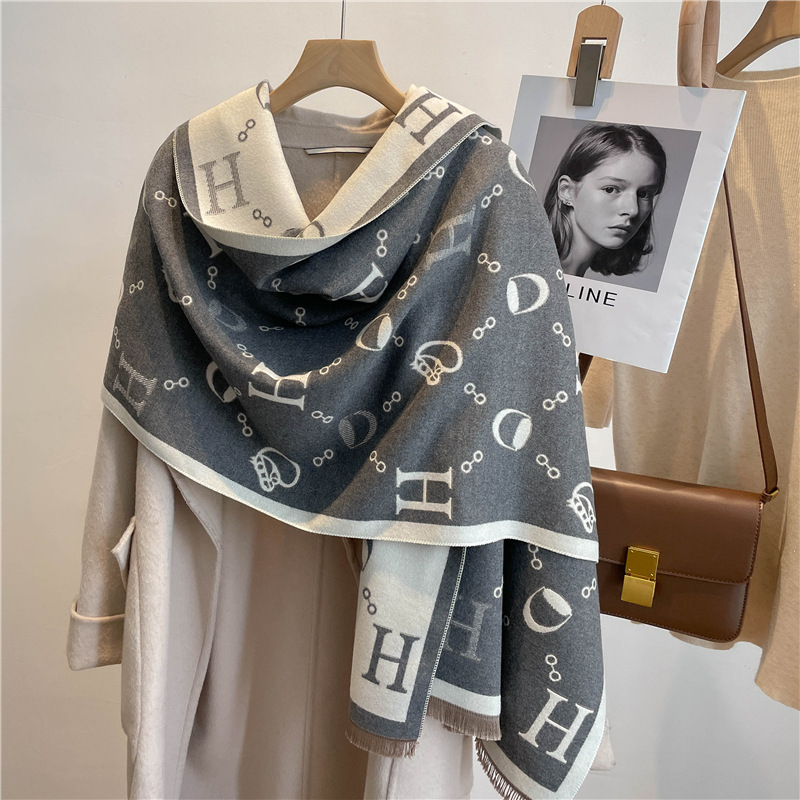 New Small H Letter Artificial Cashmere Scarf Women's Dual-Use New 2022 Air Conditioning Shawl Thickened Warm Scarf Cold Protection