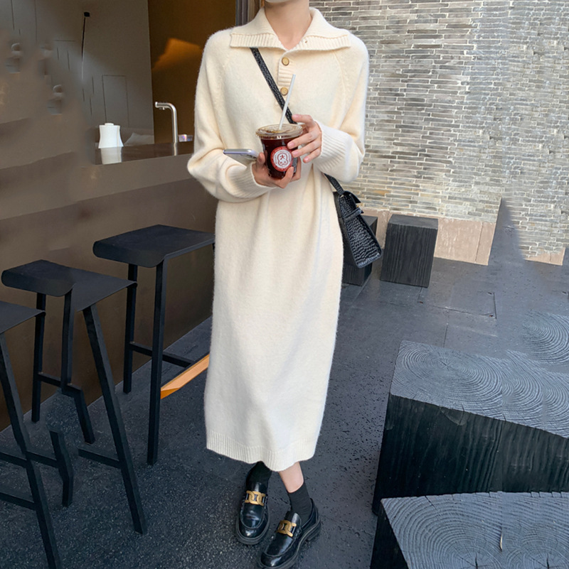 Korean Style Autumn and Winter New Lazy Wind Knitted Dress Women's Button Lapel Loose Long Pullover Woolen Skirt Outer Wear