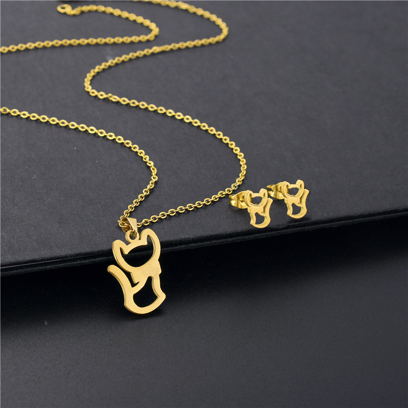 EU and South Korea Kitten Pendant Female Titanium Steel Necklace Gold-Plated Niche Meow Necklace and Earring Suit Cross-Border Sold Jewelry Wholesale
