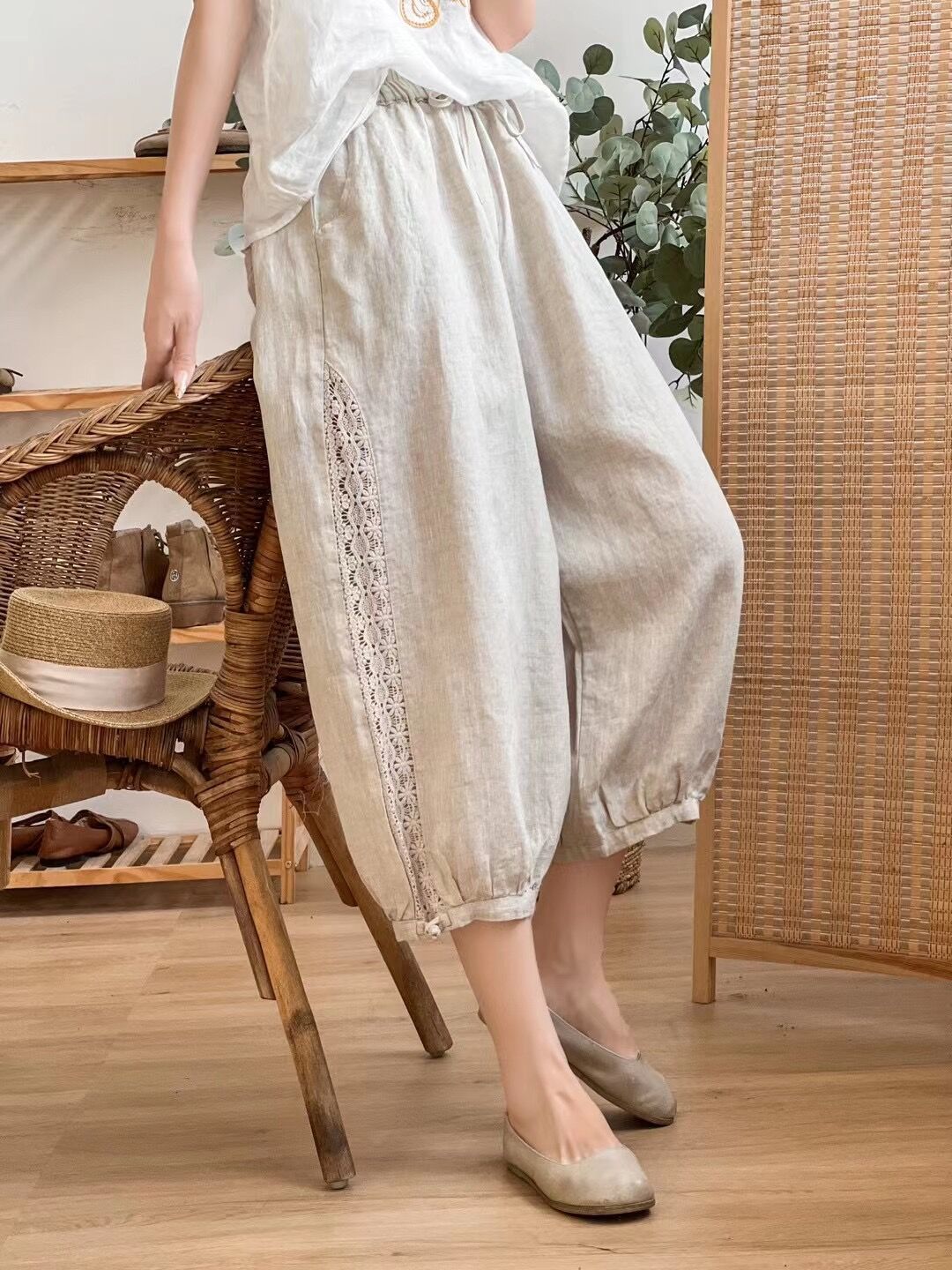 亚麻灯笼裤 夏季新款 重工刺绣七分裤女内包边纯色休闲裤9156