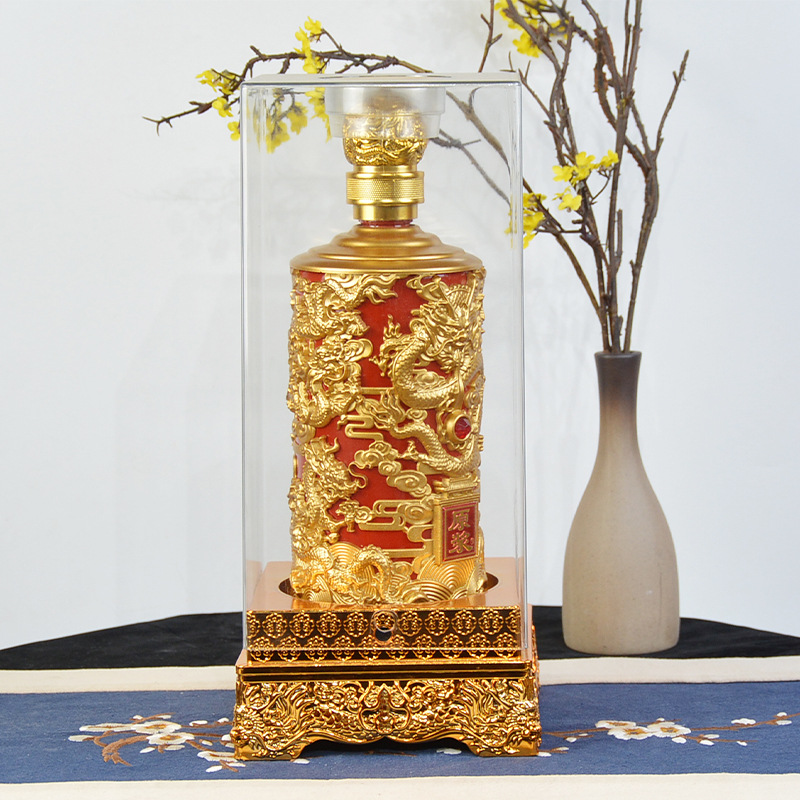 浮雕龙纹玻璃白酒瓶 亚克力包装盒外箱手提袋龙樽瓶密封玻璃酒瓶
